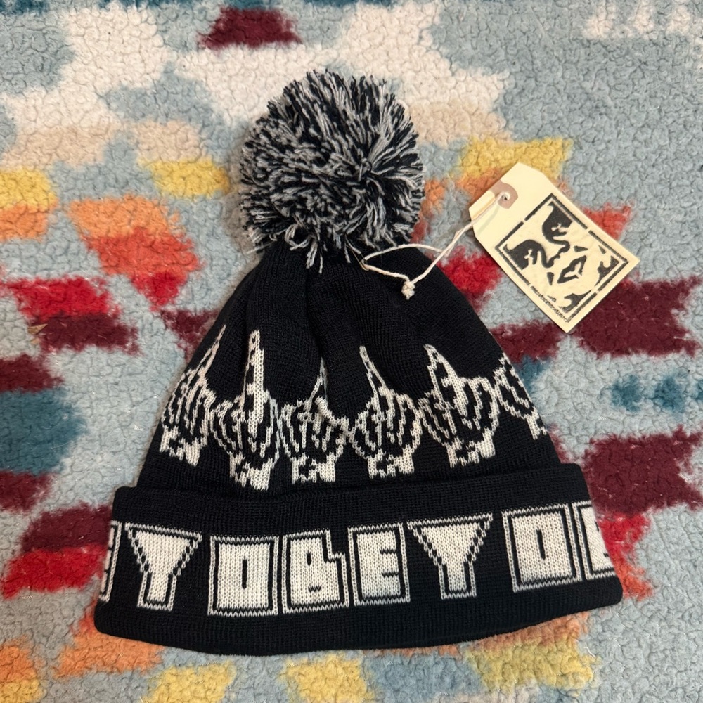 FINAL PRICE Obey Black And White Skeleton Middle Finger Pom Beanie NWT